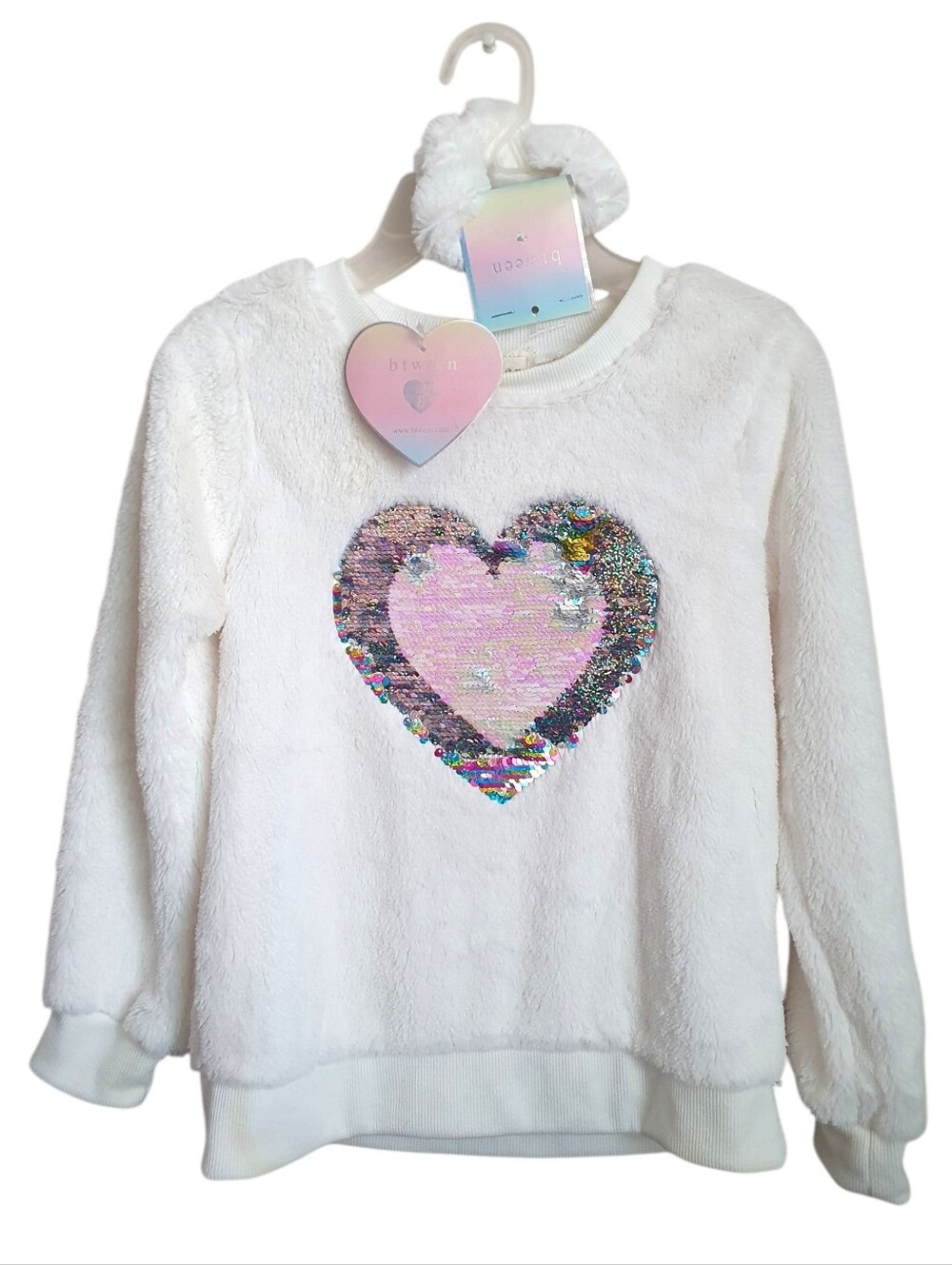 Btween Girl's Super Soft Pullover Sweater with Scrunchie White Pink Sz 8